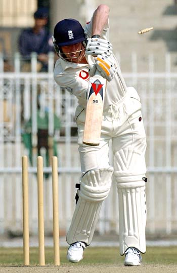 Paul Collingwood is bowled by Najaf Shah for 34