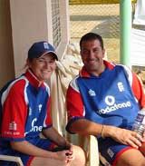 Charlotte Edwards and Richard Bates relax during practice