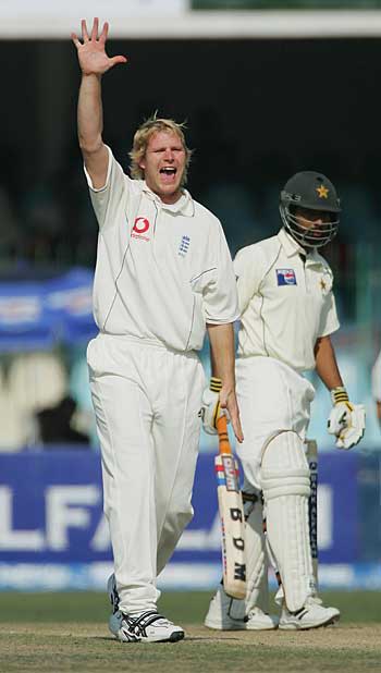 Matthew Hoggard successfully appeals for Asim Kamal's wicket
