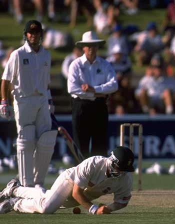 Adam Bacher drops Mark Waugh off Pat Symcox's bowling