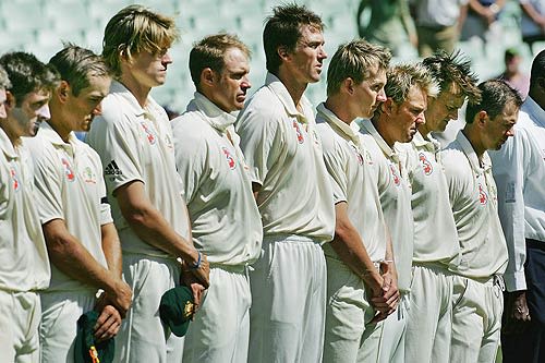 The Australians keep a moment's silence in memory of Kerry Packer