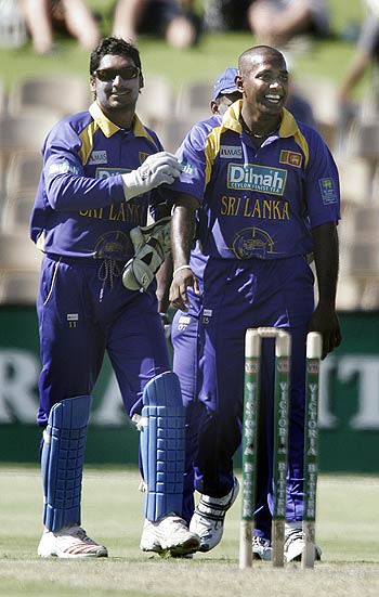 Ruchira Perera is jubilant after taking the wicket of Herschelle Gibbs