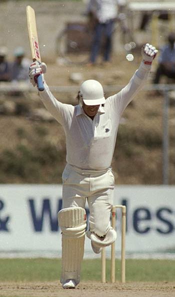 Wayne Larkins celebrates hitting the winning runs