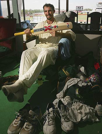 Jason Gillespie cools off in the dressing room after his record-breaking double hundred