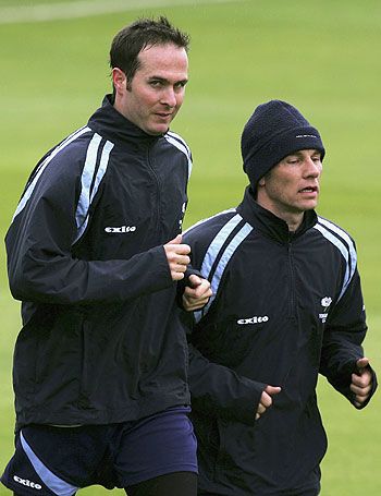 Michael Vaughan and Richard Blakey warm up ahead of Yorkshire's championship clash with Nottinghamshire