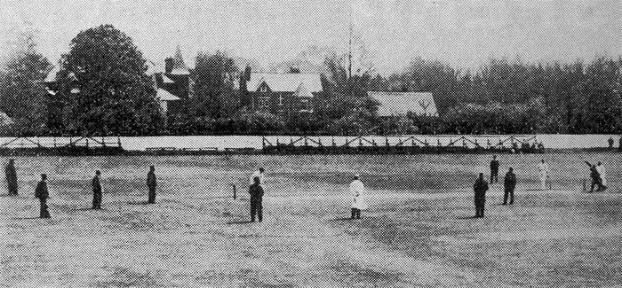 Arthur Carr bowls with his fielders all wearing suits