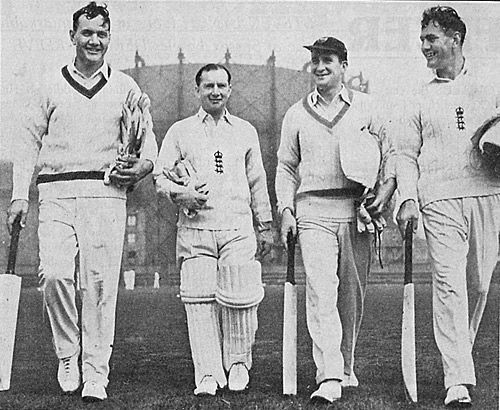 Eric Bedser, Arthur McIntyre, Jim Laker and Alec Bedser return to the pavilion after a net at The Oval