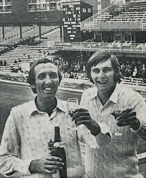 Geoff Arnold and Chris Old celebrate India's rout