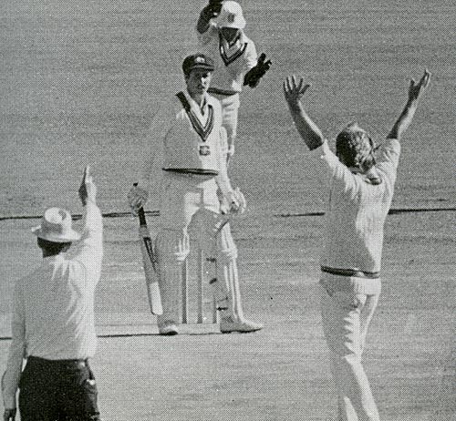 Tom Brooks gives Graeme Wood lbw to John Lever