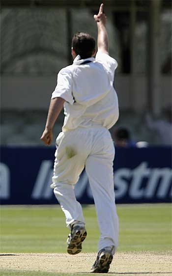 Lee Daggett celebrates dismissing Callum Thorp, one of six second-innings victims for him 