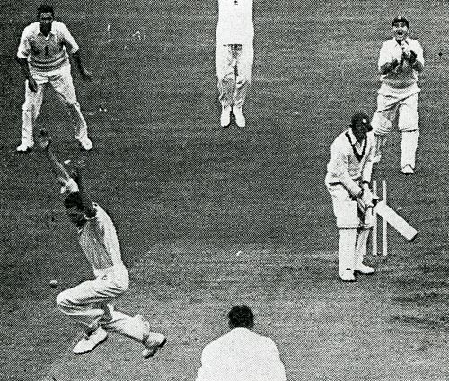 Peter Loader celebrates dismissing Roy Glichrist to secure his hat-trick
