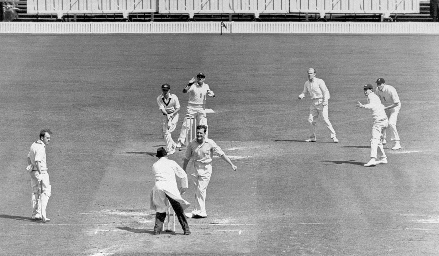 Ian Craig is trapped lbw by Jim Laker in the second innings