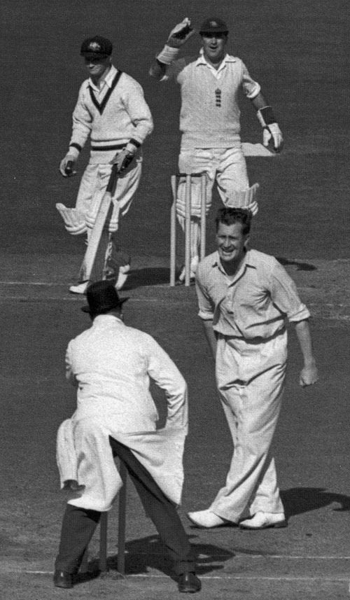 Jim Laker completes his ten-for as Len Maddocks is trapped lbw