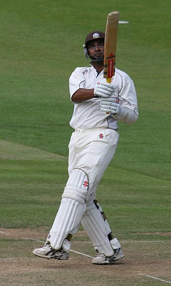 Nadeem Shahid lofts a six into the Mound Stand