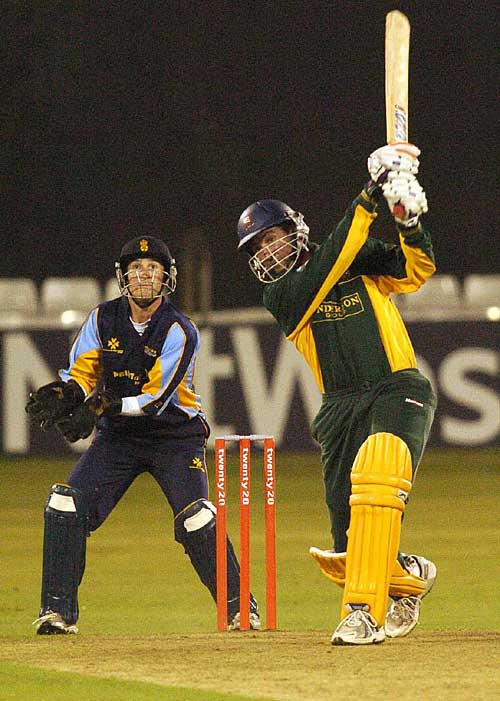 Ronnie Irani launches a boundary during the Twenty20 Floodlit Cup