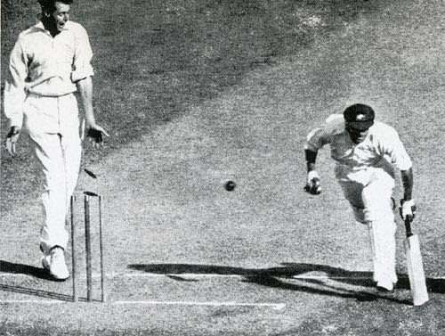 Don Bradman survives a direct hit from Joe Hardstaff on his way to 169