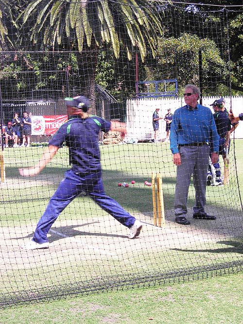 Terry Jenner watches on as Shane Warne bowls during Australia's net session