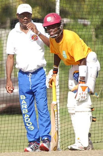 Seymour Nurse oversees Fidel Edwards in the nets at Barbados's Yorkshire Sports Club