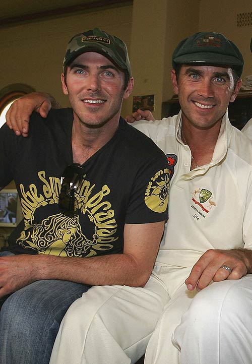 Damien Martyn joined his retiring team-mates, including Justin Langer, in the SCG dressing-rooms after the 5-0 Ashes win