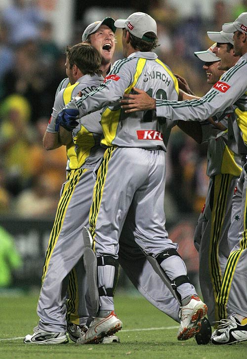 Shane Harwood thanks Cameron White for the catch that gave Harwood his first Twenty20 international wicket