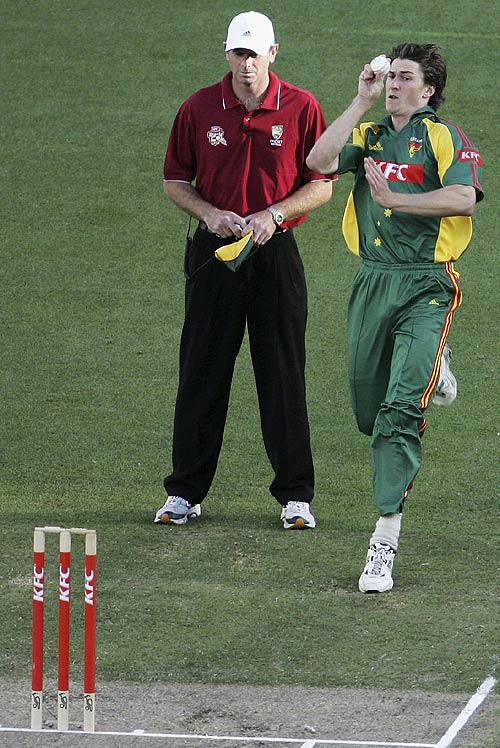 Brendan Drew bowls during his spell of 2 for 32 from four overs