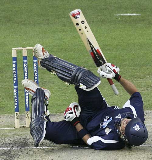 Jon Moss is felled during his innings