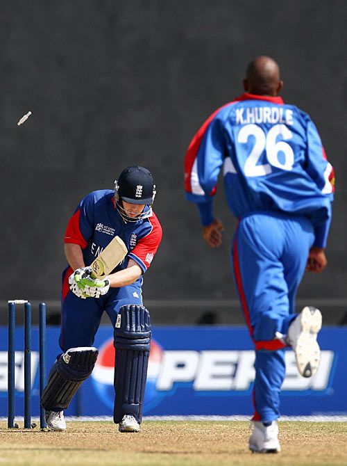 Ed Joyce is bowled by Kevin Hurdle