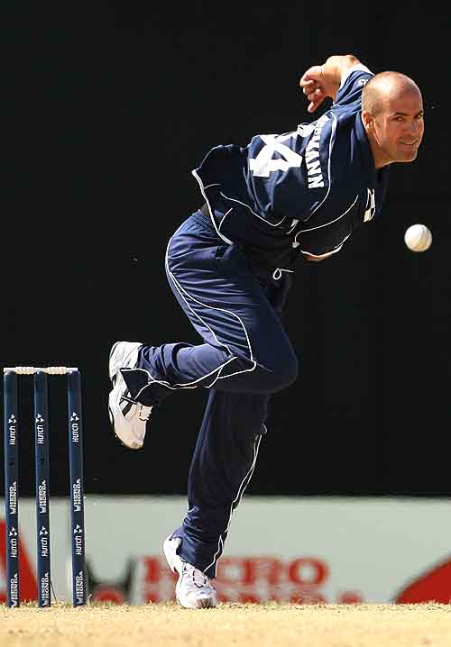 Scotland's opening bowler Paul Hoffmann in action against Australia at Basseterre
