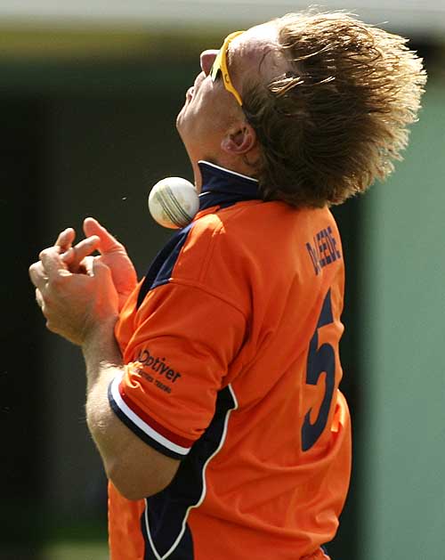 Tim de Leede of Netherlands drops a catch from Adam Gilchrist 