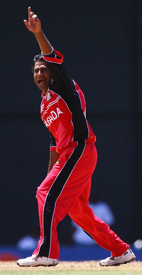 Sunil Dhaniram appeals unsuccessfully for Ed Joyce's wicket