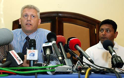 Mark Shields and Pervez Mir address the media regarding the death of Bob Woolmer