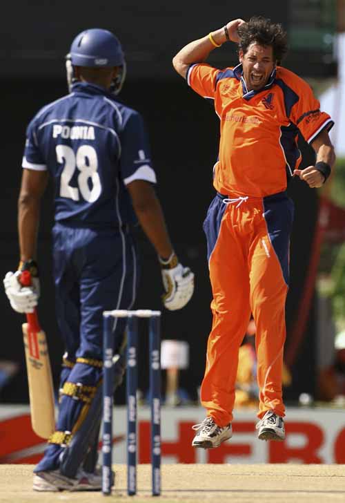 Billy Stelling jumps for joy after scalping Navdeep Poonia early in the piece against Scotland
