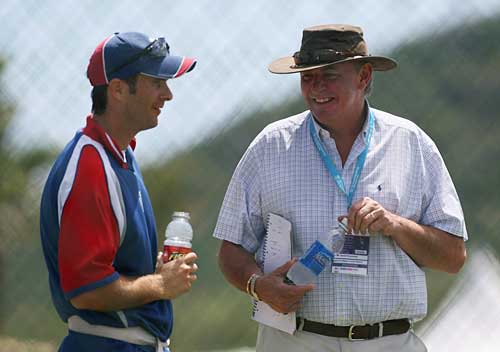 Michael Vaughan chats with England's chairman of selectors David Graveney