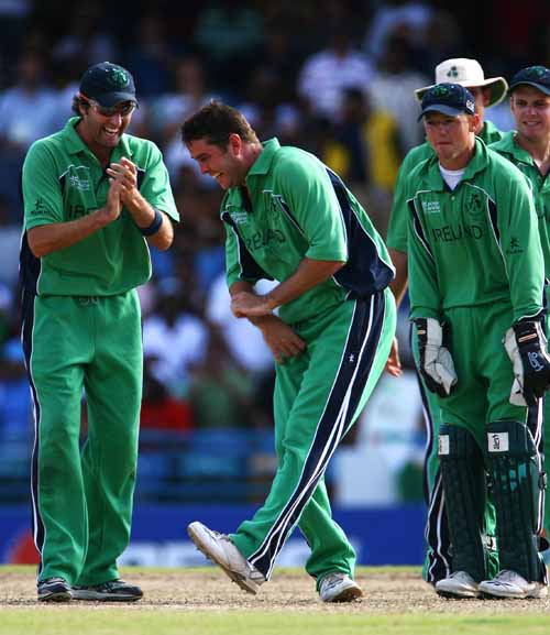 The Ferret dance: Dave Langford-Smith does his famous jig after prising out Mashrafe Mortaza