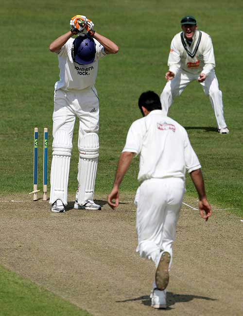 Ben Harmison is bowled by Nadeem Malik