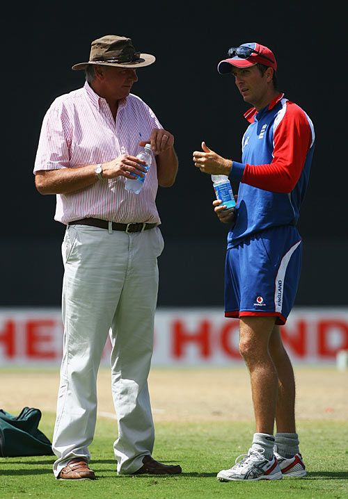 David Graveney and Michael Vaughan discuss their options during an England training session