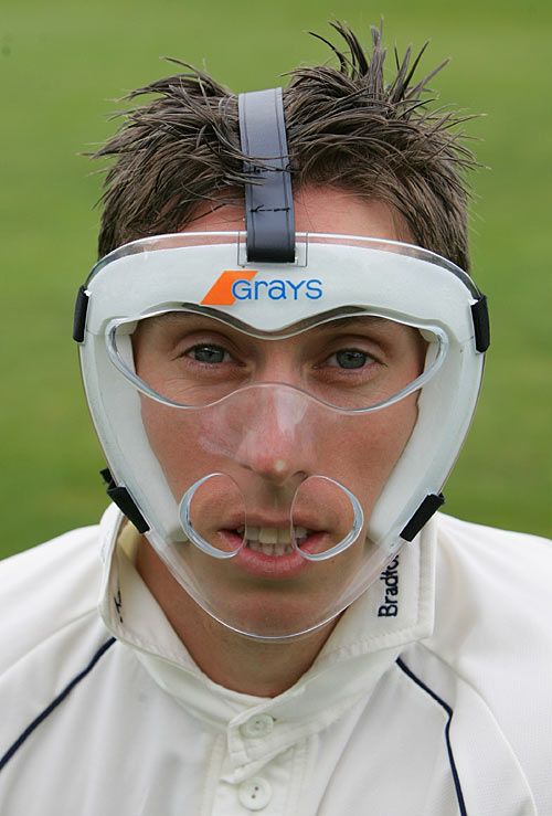 Simon Guy, the Yorkshire wicketkeeper, wears a plastic mask dubbed by his team-mates as the "Hannibal-mask"
