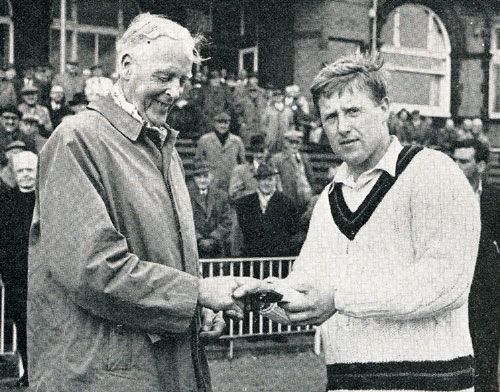 Peter Marner receives the Man-of-the-Match award from Frank Woolley