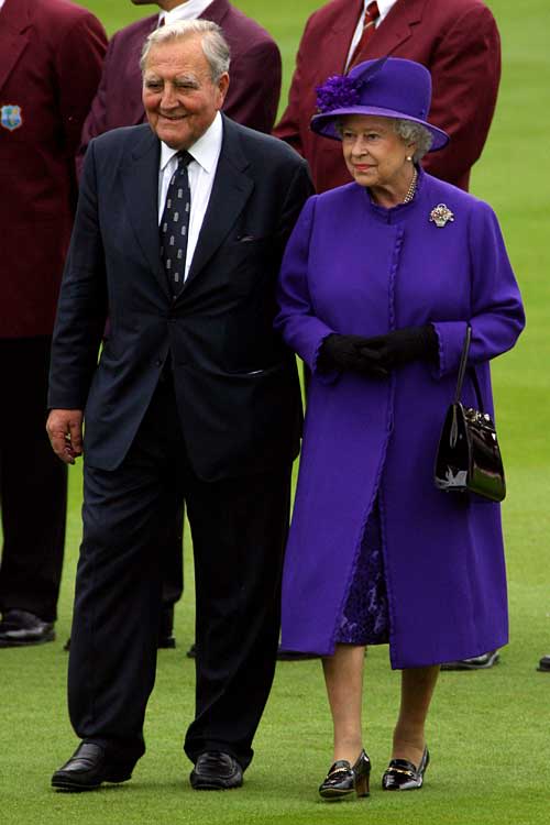 Doug Insole walks with the Queen to meet the England and West Indies teams
