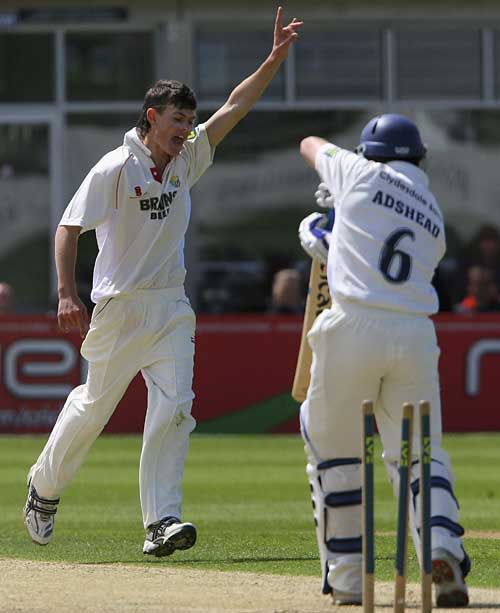 James Harris bowls Stephen Adshead to become the youngest bowler to take 10 wickets in a Championship match