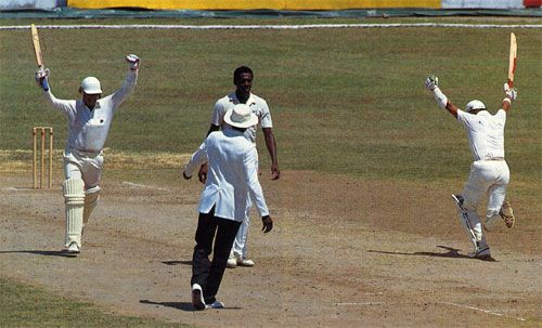 Wayne Larkins and Alec Stewart celebrate victory at Kingston