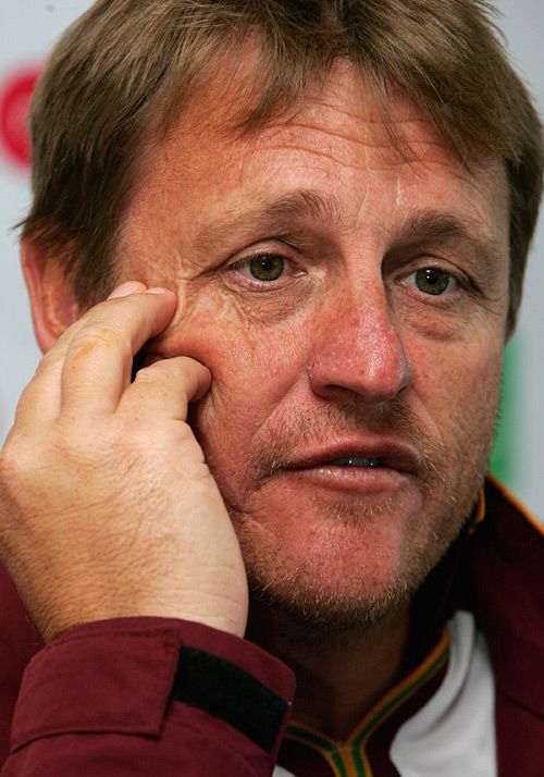 An exhausted looking David Moore fields questions from the press ahead of the fourth Test against England