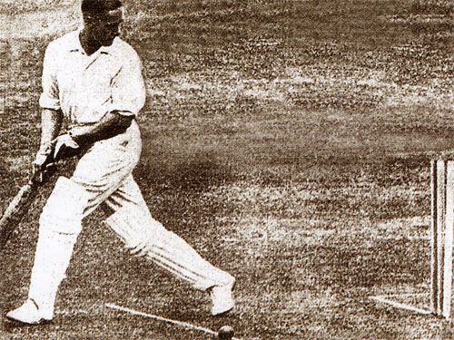 Herbert Sutcliffe is bowled by Mohammad Nissar - India's first Test wicket
