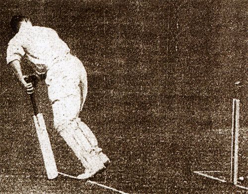 Percy Holmes loses his off stump to Mohammad Nissar