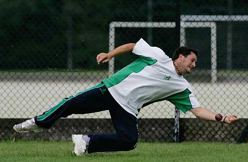 Thinus Fourie drops a catch during Ireland's training session