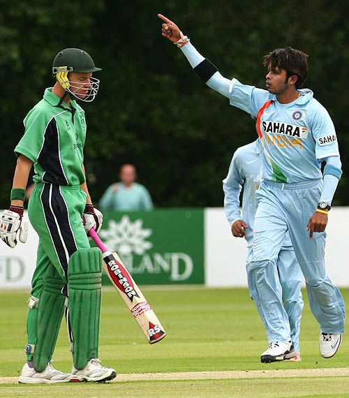 Sreesanth celebrates the wicket of Ireland opener Kenneth Caroll