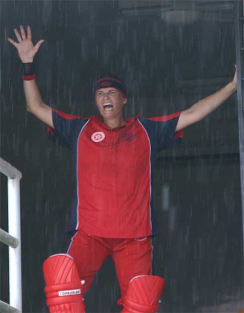 Emma Phillips does her best rain dance