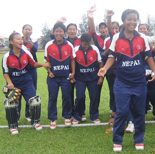The Nepal players celebrate after qualifying for the semi-finals of the ACC women's tournament