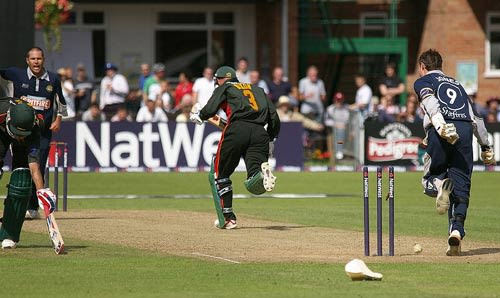 Mansoor Amjad is caught short of the crease