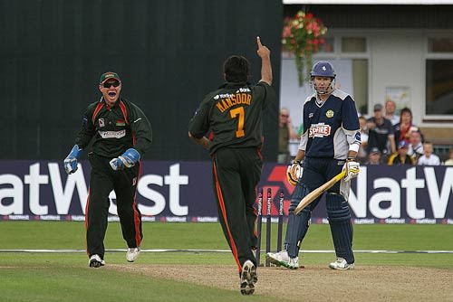 Mansoor Amjad celebrates bowling Martin van Jaarsveld first ball